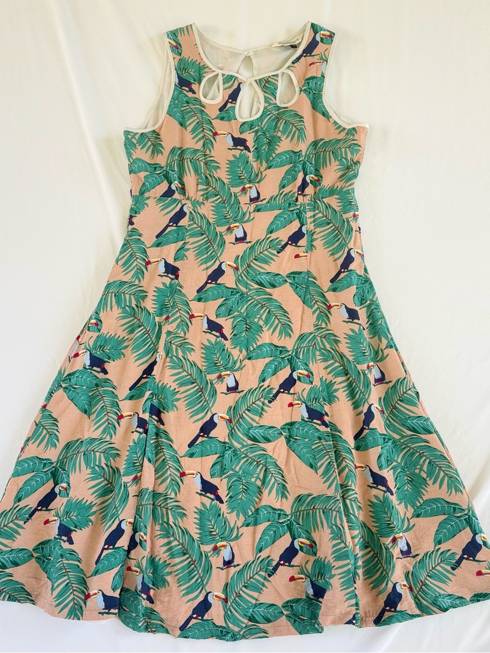 Royal Monk Toucan Print Dress Womens L Tropical Palm Cutout Retro A Line Resort